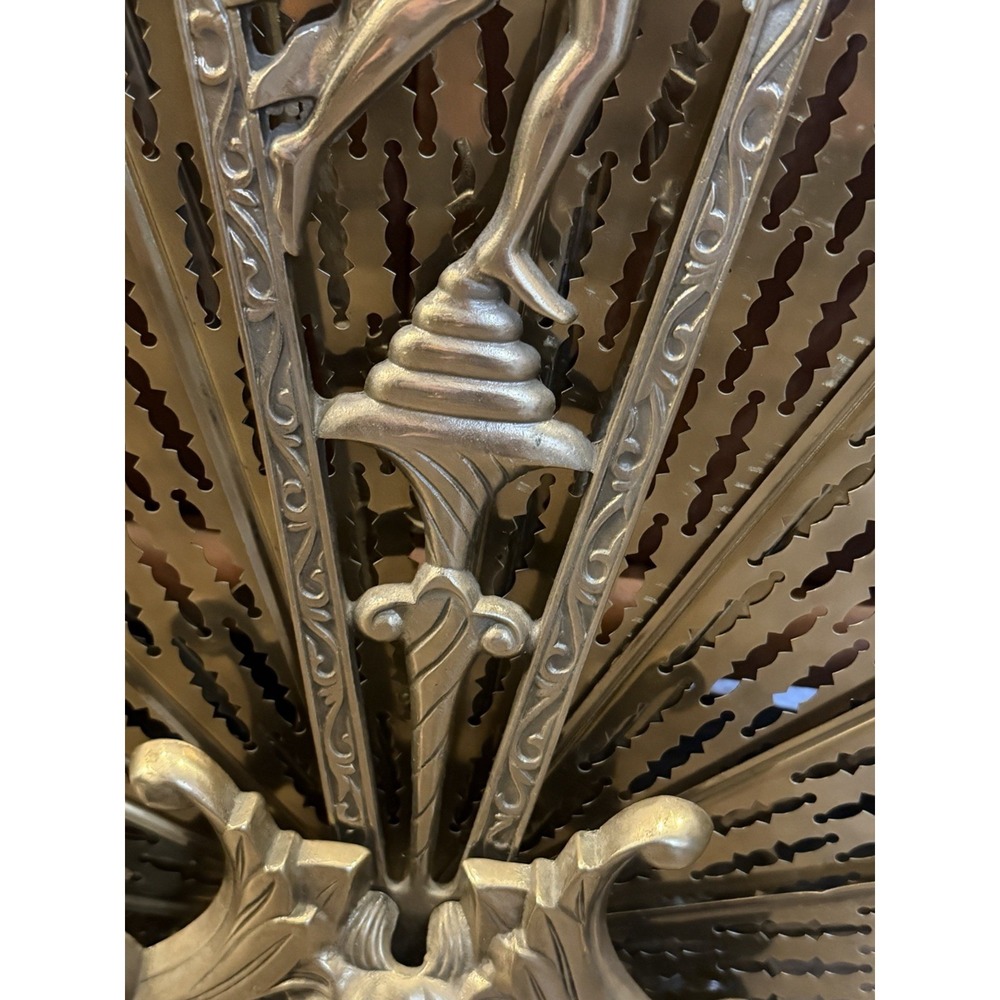 Vintage Art Deco Brass Peacock Fan Fireplace Screen Figural Filigree Goddess - Picture 4 of 16
